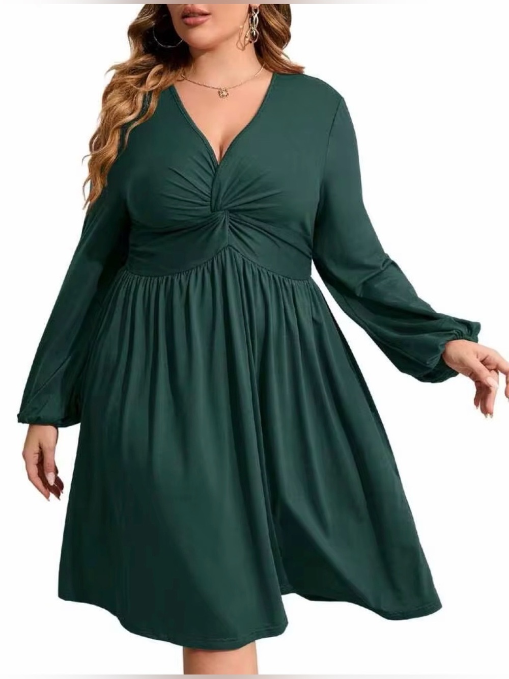 A.   SCOMCHIC NWT SIZE 2XL GREEN MINI LONG SLEEVE V NECK DRESS WITH KNOT FRONT